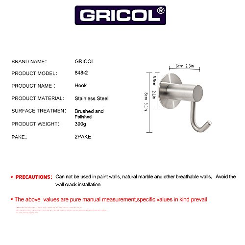 Gricol Towel Coat Robe Hook Self Adhesive Wall Hook No Damage No Drills, 304 Stainless Steel Brushed Finish, 2 Pack