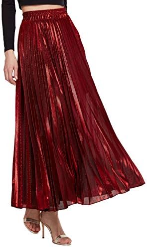 AMORMIO 💕 Women's Glittery Gold/Silver High-Waist Metallic Accordion Pleated Formal Party Maxi Skirt
