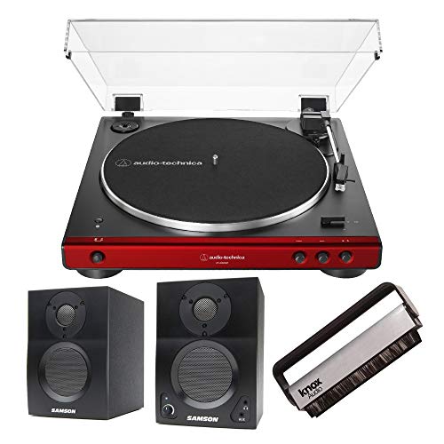 Audio-Technica AT-LP60XBT Bluetooth Fully Automatic Turntable (Red) with Samson Bluetooth Monitors Pair and Knox Gear Vinyl Brush Bundle (3 Items)