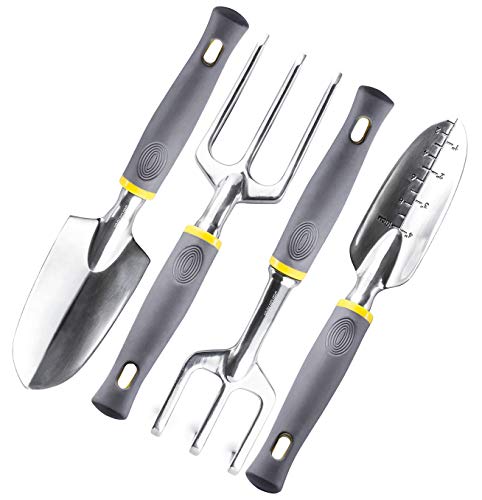 Jardineer 4PCS Garden Tool Set – Heavy Duty Garden Trowel Aluminum, Transplanter, Cultivator Hand Rake and Fork, Gardening Gifts for Women