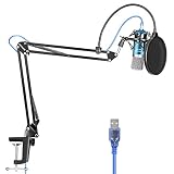 Neewer USB Microphone for Windows and Mac with Suspension Scissor Arm Stand, Shock Mount, Pop Filter, USB Cable and Table Mounting Clamp Kit for Broadcasting and Sound Recording (Blue and Silver)