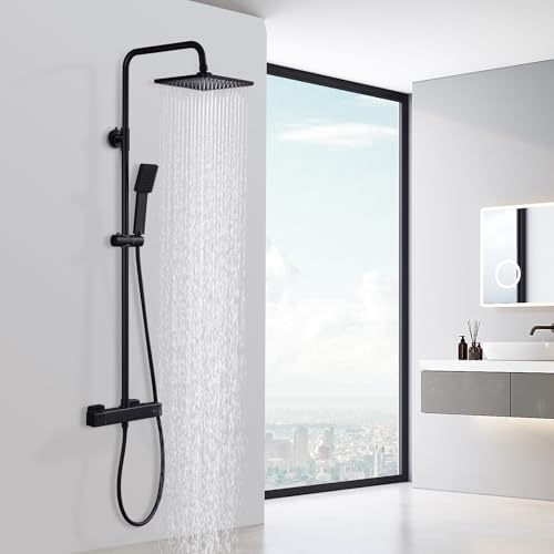 HOMELODY Shower System with Thermostat Black - Shower Fitting Stainless Steel Rain Shower with Fitting, Complete Set 2 Shower Head Safety Lock at 38 °C, Shower Fitting Black