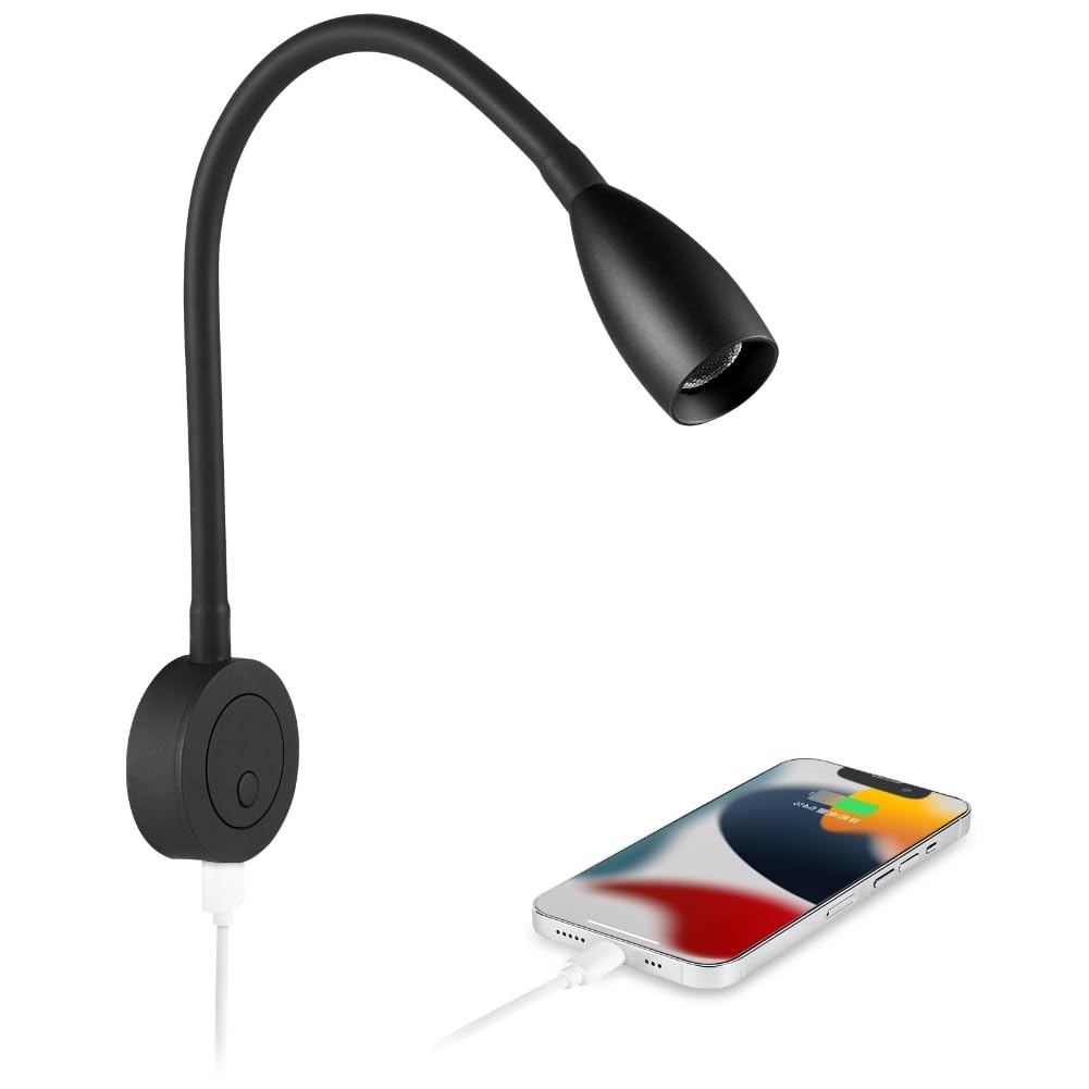 Obeaming 12V Reading Light Motorhome Boat Bedside Reading Lamp, Dimmable Gooseneck LED Spotlight for Camper Van Travel Trailer Truck Cararvan, Equipped USB Charger&Press Dimmer Black