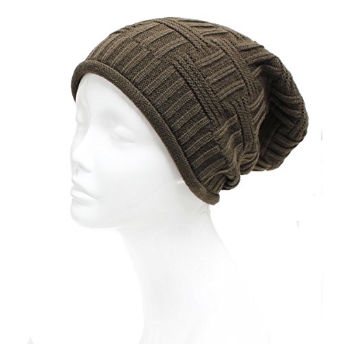 an Mens Slouchy Beanie Hat Womens Knit Cap Unisex Cable Basket Weave Brown Color