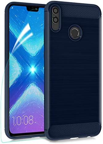 MMDcase for Huawei Honor 8X Case,Honor 8S Case with HD Screen Protector, Carbon Fiber Soft TPU Phone Case Brushed Texture Anti-Fingerprint Flexible Full-Body Protective Cover Shell, Navy