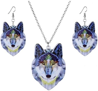 Women's Vintage Animal Head Print Pendant Necklace Earrings Jewelry Set by Kimloog (F)