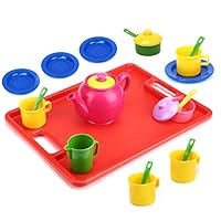 Flormoon Toy Tea Set - 19pcs Pretend Play Tea Set - Durable Construction, Food-Safe Material, BPA Free, Phthalates Free - Learning Shapes & Colors Toy for Kids Children Tea Party and Fun