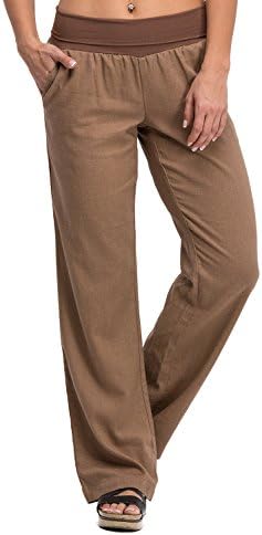 Poplooks Women's Comfy Fold Over Linen Pants Mocha Large