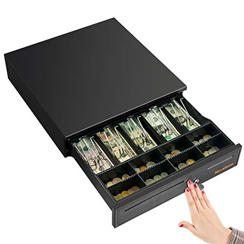 Cash Register Drawer -Nurxiovo 16 Inch Money Box 5 Bill 8 Coin Money Tray Lock/Point of Sale (POS) System Machine RJ11/RJ12 Interface/Open with Key(Black)