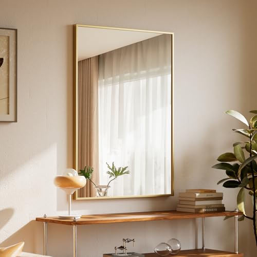 BEAUTYPEAK Rechteckiger Wandspiegel 81x61cm mit Metallrahmen, Bruchsicherer Badspiegel, Wandspiegel für Bad, Schlafzimmer, Wohnzimmer, Gold Rectangula