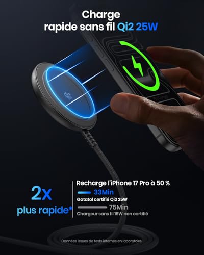 Qi2 25W Magnetic Wireless Charger, Charging Pad with 1.5M Cable Compatible Mag-Safe for iPhone 17e/Air/17/16/15/14/13/12, AirPods 4/3/2/Pro, Pixel Series 10 and More(With 30W Adapter)-Schwarz