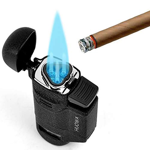 HUOWA Triple Jet Torch Lighter with Cigar Punch Cutter Tool and Gas Window, Unique Turbo Quadruple Red Flame Butane Refillable Gadgets for Men Gift Ideas