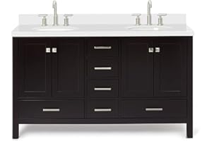 ARIEL 61" Espresso Double Bathroom Vanity with 1.5" Edge Pure White Quartz Countertop & Backsplash, Center Oval Sinks, 4 Soft Closing Doors, 6 Full Extension Dovetail Drawers, Brushed Nickel
