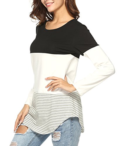Aliex Women's Casual Long Sleeve T-Shirt Color Block Tunic Top Black S - Thumbnail 2