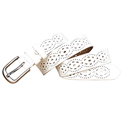 Gackoko Women belt - Hollow Flower Cowhide Leather Belt Ladies Vintage Cowgirl Western Design With Alloy Buckle (XL, White)