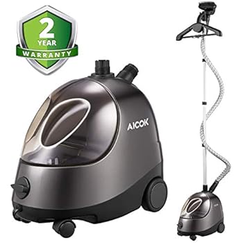 AICOK Steamer for Clothes, Large Transparent Water Tank, Drain Design Standing Steamer, Professional Full Size Heavy Duty Garment Steamer, with Fabric Brush/Garment Hanger/Anti-Scalding