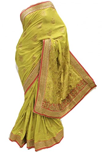 RUBS2632 Elegant Lime Green & Coral Party Saree