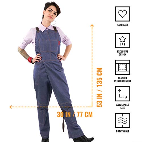Under NY Sky Pottery Blue Apron â€“ Full Coverage Cross-Back, Durable Denim, Leather Reinforcement Overlapping Split-Leg â€“ Adjustable Men Women â€“ Pro Pottery Artist, Mechanic, Tattoo Aprons