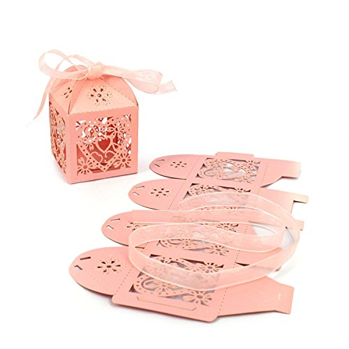 SODIAL(R) 70 Pack Love Heart -Cut Wedding Party Favor Box Candy Bag Chocolate Gift Boxes Bridal Birthday Shower with Ribbons (pink)