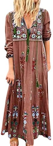 Fankle Women's Boho Maxi Dresses Floral Print Long Sleeve Floral Print  Retro V Neck Tassel Casual Loose Ethnic Style Dress(Brown,L) price in UAE |  Amazon UAE | kanbkam