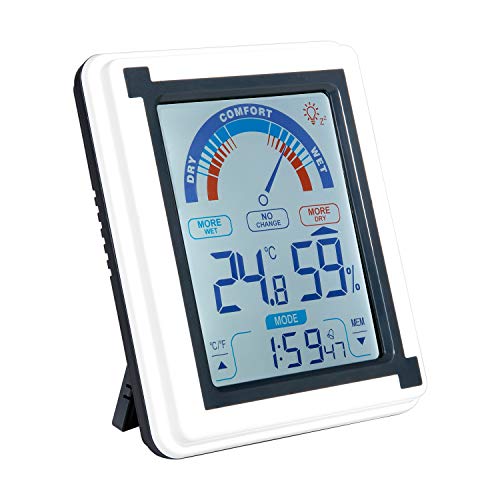 Zeonetak Digital Hygrometer Indoor Thermometer, Indoor Humidity Gauge Indicator for Baby Room Home Office Kitchen Greenhouse with Touch LED Screen Wireless Time Display