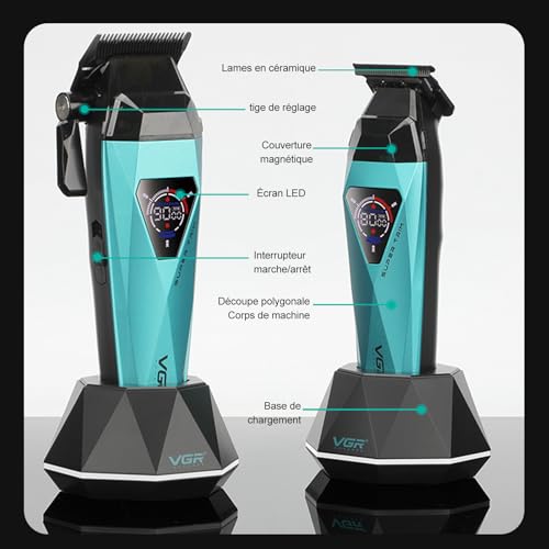 VGR 877S3 Professional Men's Hair Clipper Set, Titanium Coated Cordless Shaver, Trimmer Finish Set with 8000/9000 RPM Motor, Men's Hair Styling Kit with Charging Station, LED Display, Green