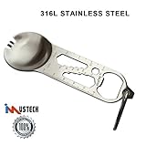 iMustech Camping Eating Utensils, 11 in 1 Multifunctional Tool, Multifunctional Spoon & Fork, Opener, Carabiner, Tableware Spoon Fork for Outdoor Camping, Multifunctional Hiking Survival Tool (Steel)