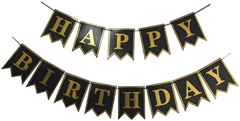 Venus888 Black Happy Birthday Bunting Banner with Shiny Gold Letters Party Supplies