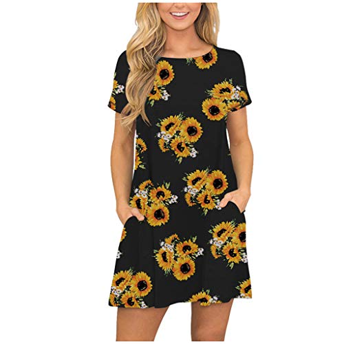 COOKI Women's Short Sleeve Floral Printed Loose Petite Dresses