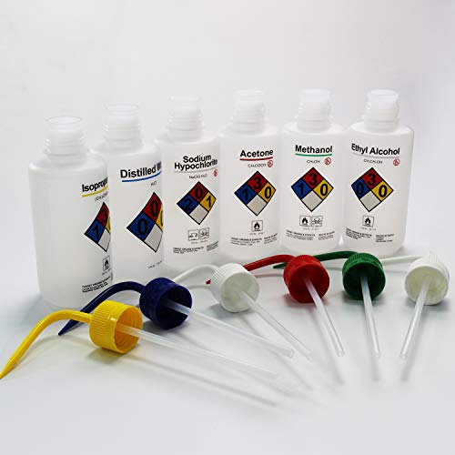 ULAB Scientific Right-to-Know Safety Wash Bottle Set, Acetone, Ethyl Alcohol, Methanol, Isopropanol, Distilled Water, Sodium Hypochloride, Vol.500ml with Draw Tube, UWB1001 - Thumbnail 2