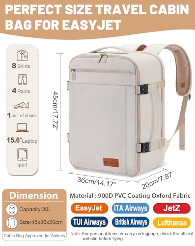MOCOCITO Travel Backpack Cabin Airplane 40 x 20 x 25, Cabin Travel Suitcases for Ryanair, Men's Women's Backpack Travel Bag Suitcases Travel Backpack Hand Luggage Laptop Backpack, Beige Cream, Casual