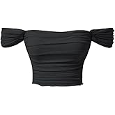 OYOANGLE Women's Off Shoulder Ruched Lettuce Trim Mesh Short Sleeve Tee Shirts Solid Slim Fit Crop Tops