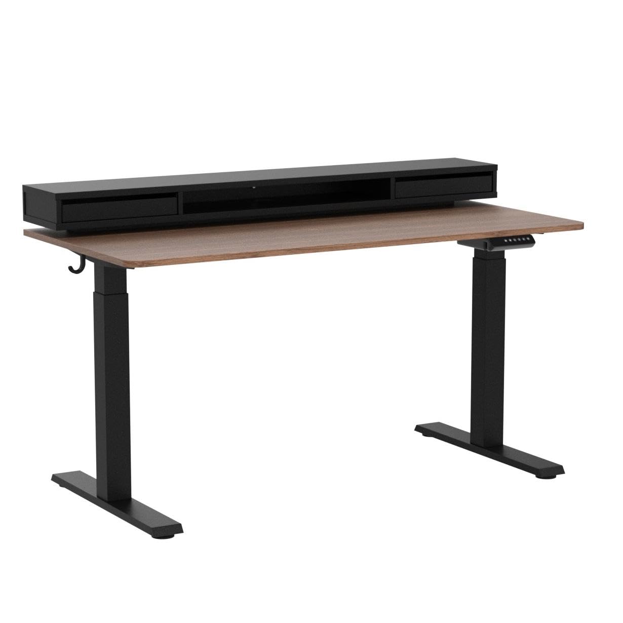 FEZIBO 55 x 24 Inch Height Adjustable Electric Standing Desk with Double Drawers, Stand Up Desk with LED Strips and Monitor Stand, Black Walnut
