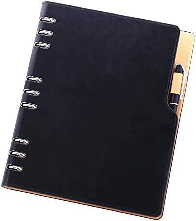 Jia Hu B5 Binder Rings Pockets Diary Journal Organizer Leather Ruled Refillable Notebook with Pen Holder Black