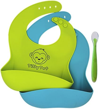 Silicone Bibs and Baby Spoon For Toddlers With Pocket - BPA Free + FREE Nutrition Ebook - Ideal Colors For Boys and Girls (2 Pack with Spoon, Turquoise / Lime Green)