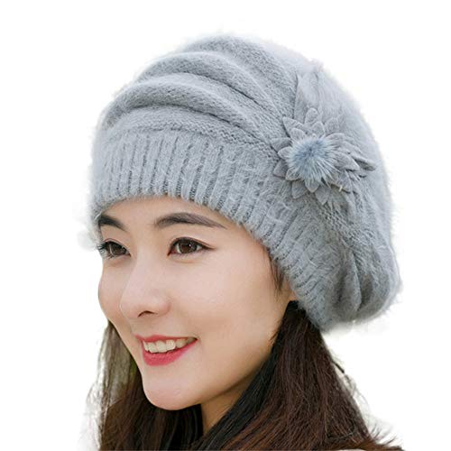 Euone  Hat, Womens Flower Knit Crochet Beanie Hat Fashion Winter Warm Cap Beret (Gray)