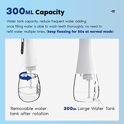 MonaSmile Water Dental Flosser Cordless- 3 Modes & IPX6 Waterproof & 5 Nozzles - 300ML Portable Oral Irrigator for Teeth Deep Cleaning, Home Travel Use (White)
