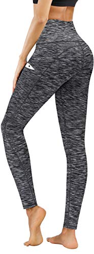 PHISOCKAT High Waist Yoga Pants with Pockets, Tummy Control Yoga Pants for Women, Workout 4 Way Stretch Yoga Leggings (Space Dye Black, Large)