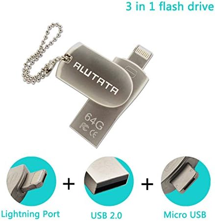 Alutata For iPhone and samsung Flash Drive 64GB USB 3.0 Adapter with Lightning , micro USB and standard USB connection for iPad iOS PC, External Storage Memory Expansion Stick,