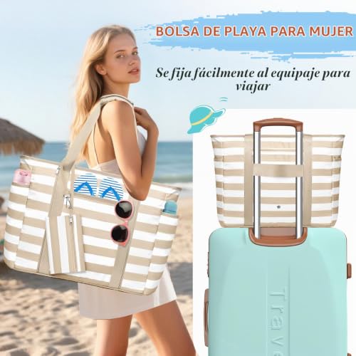 KTUEOV Large XXL Family Beach Bag, 45L Waterproof Women's Beach Bag with Zip, 12 Pockets, Foldable and Washable Praia Bag for Swimming Pool, Travel, Wet Items Compartment