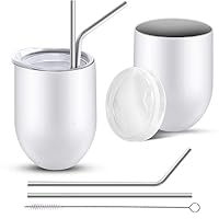 Topfire Insulated Wine Tumbler, 12oz Stemless Wine Glasses Tumblers With Lid, Straw and Brush - Double Wall Vacuum Stainless Steel Wine Tumbler Cup (2 Sets, 12 oz, White)