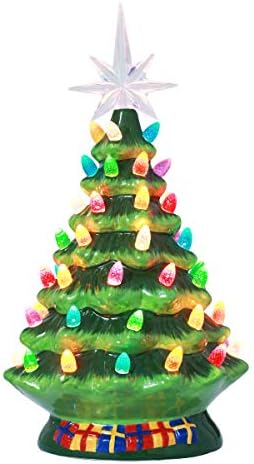 10 Inch Pre-Lit Hand-Painted Ceramic Vintage Tabletop Artificial Tree Decor with Multicolored Lights, Star Topper Traditional Decoration Green