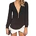 Amybria Women Blouses Fall V Neck Zipper Casual Shirts Chiffon Tops Black Size XL
