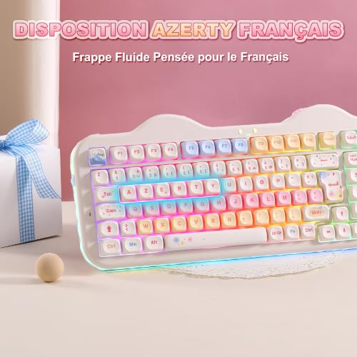 YUNZII C98 FR French AZERTY 100 Keys PBT Mechanical Wireless Gaming Keyboard with Numeric Keypad, Bluetooth/2.4GHz/USB‑C Wired, RGB, Gasket, Cake Theme for Windows/Mac (Beige, Milk V2 Switch)