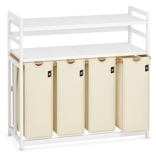 AdelDream Wäschekorb 200L,4 Fächer Wäschesammler,2 Ablagen,Bambus