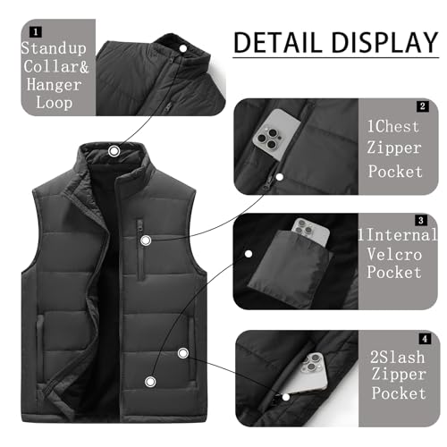 AKuVoL Men's Winter Puffer Vest Outerwear Thick Fleece-Lined Sleeveless Jacket with Zipper for Running Travel Work Black 2XL