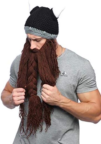 XINQIAOMens Viking Barbarian Beard Beanie Funny Pillager Looter Horned Hats