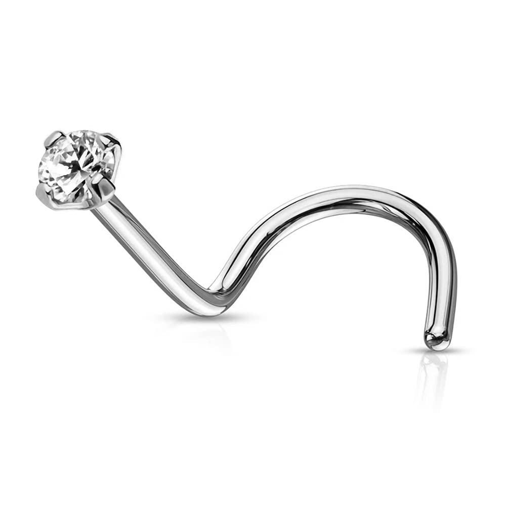 AZARIO LONDON 9K White Gold Nose Piercing in 20 Gauge Stud with 1.5mm Round CZ Gemstone - Nose Screw