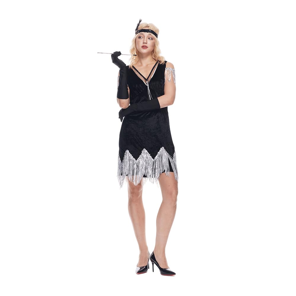 EraSpooky Women's 1920s Lavish Flapper Costume Vintage Adult Fringed Dress with Feather Headband,Gloves L