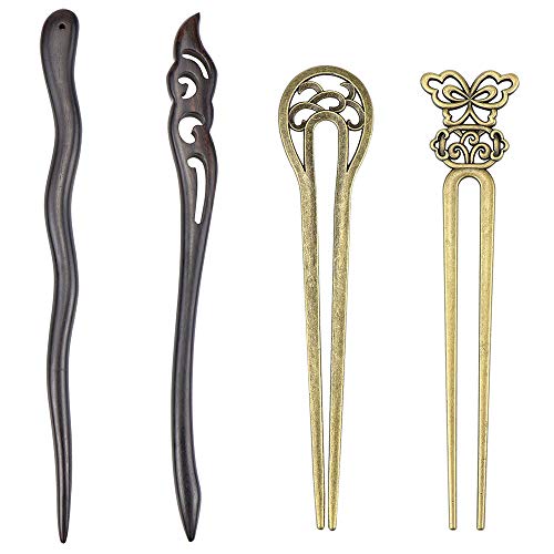 SelfTek 4 Pack Women Hair Sticks Antique Bronze and Wood Hair Chopsticks for Long Hair